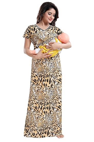 Multicolor Women Sarina Satin Printed Maternity Nighty for Feeding - Free Size