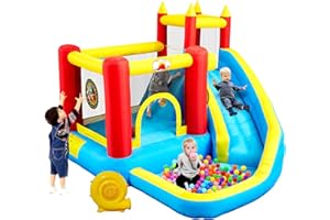 WELLFUNTIME Inflatable Bounce House with Slide, Jumping Castle with Blower, Climbing Wall, Dartboard, Basketball Hoop and 50 Ball Pit Balls, 108x122x86 Inch