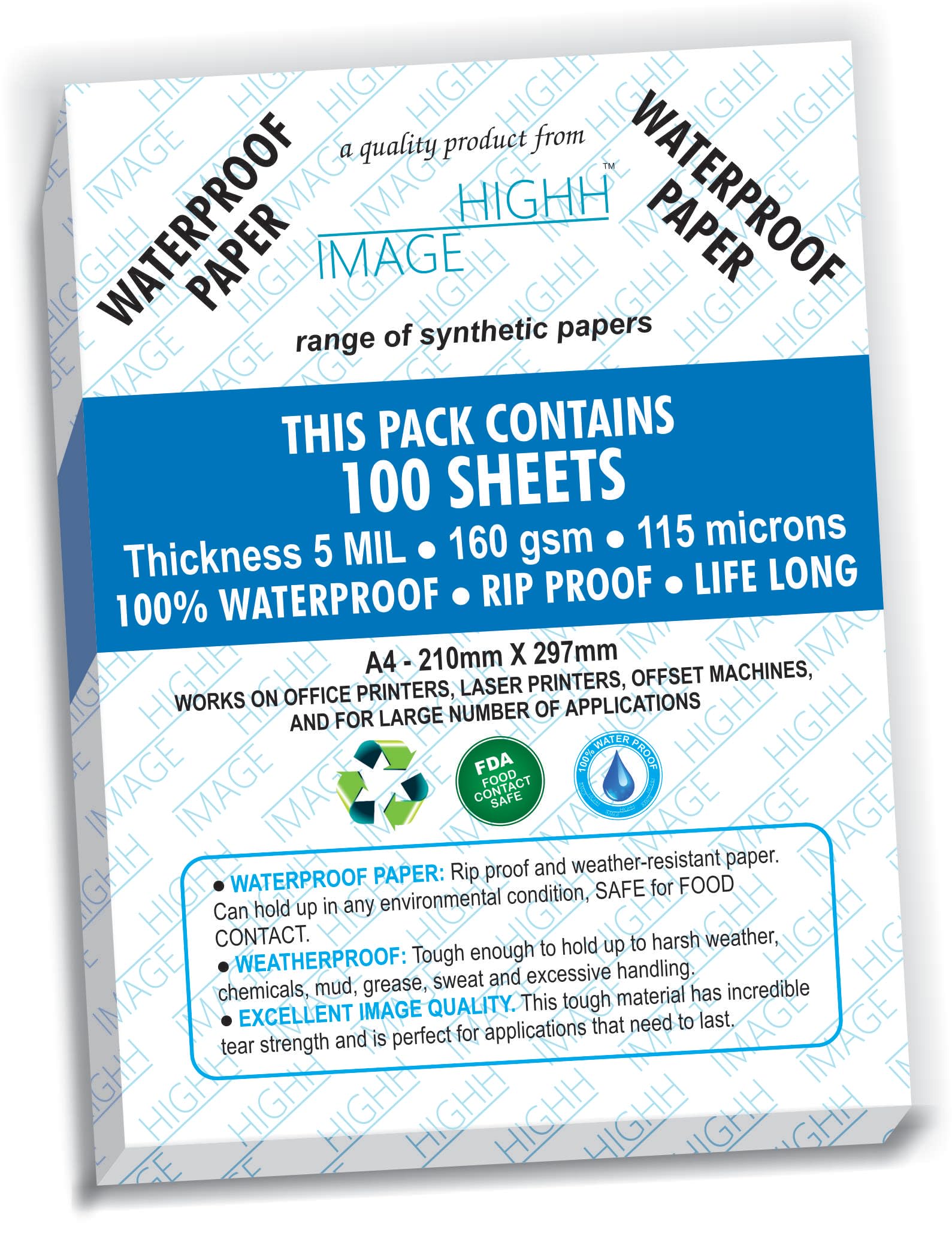 Waterproof Paper | 100 Sheets, A4, 160 GSM Thickness 5 MIL, Non Tear Paper, from HIGHH Image for Laser Printers.