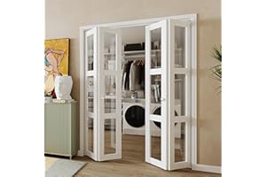 BARNER HOME Bifold Door, 3-lite Clear Glass Closet Door for 60"x 80" Opening, Folding Doors with Hardware Kits, MDF, White Multifold Interior Doors