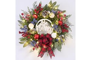 VOFULY Prelit Christmas Wreath for Front Door Outside,22 inch Be Merry Wreath with red Black Buffalo Plaid Bow,Lighted Farmhouse Christmas decoration-30 LED Light/Timer,Winter Door Wreath, Porch Decor