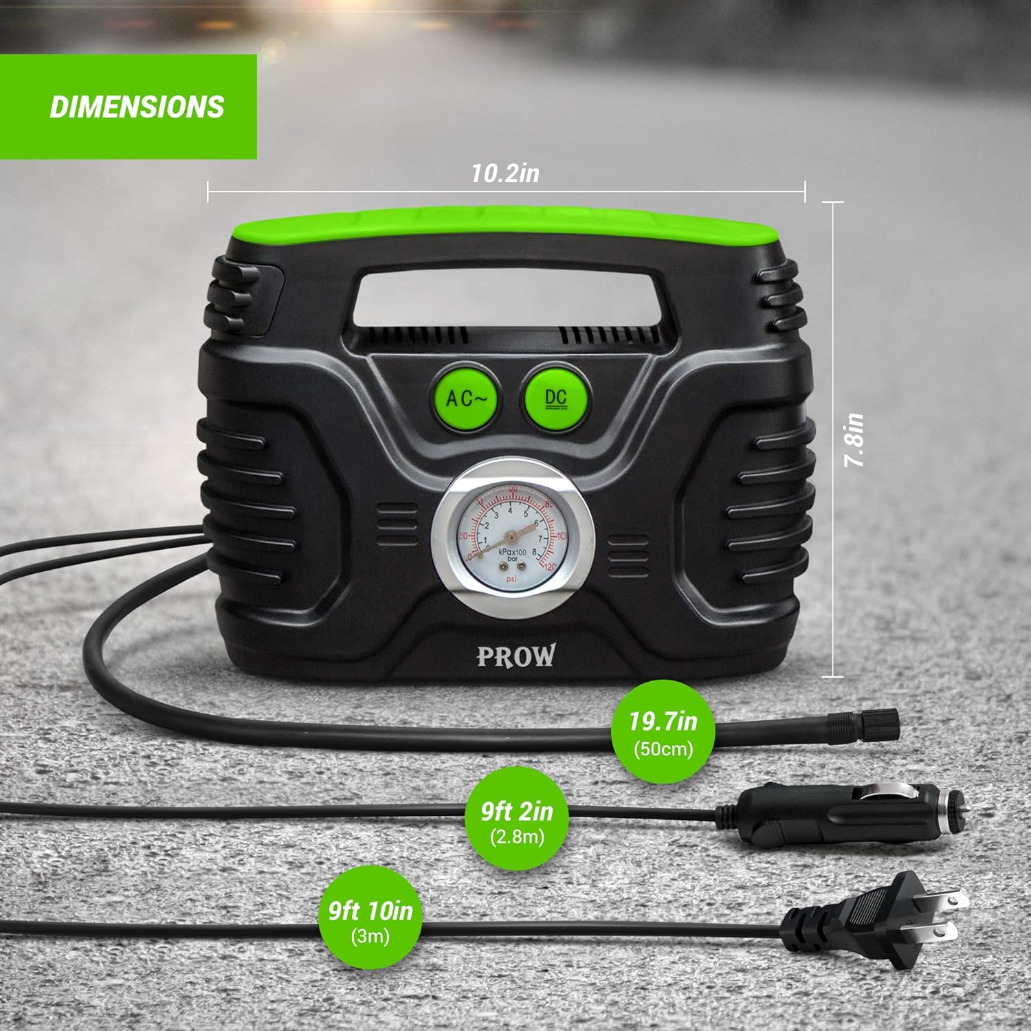 Prow Portable Air Compressor Tire Inflator AC/DC Electric Pump for Car – DC 12V, Home – AC 110V, Upscale, with Analog Pressure gauge, Air pump for Car Tires, Motorcycle, Bike, Basketball and More.: Home Improvement