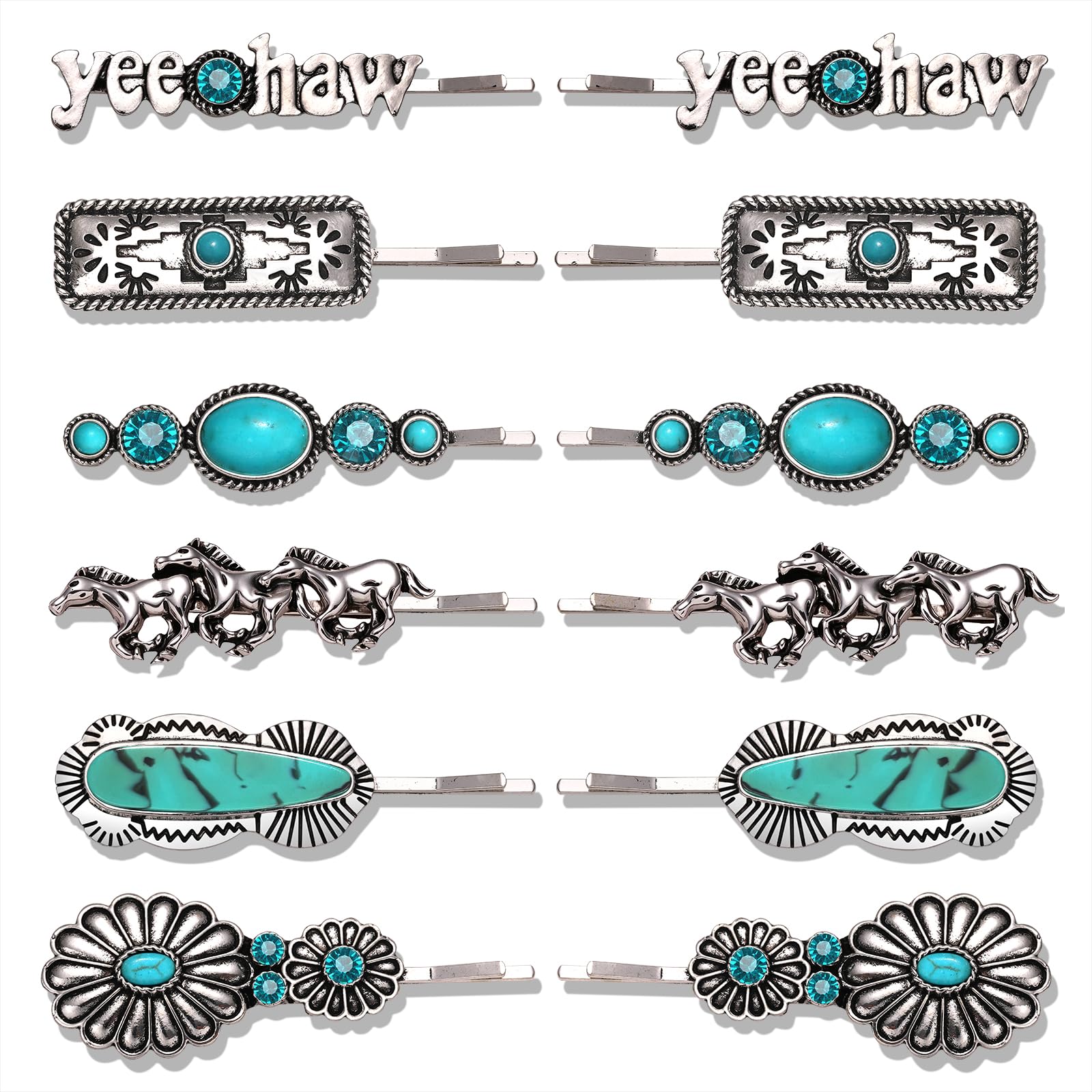 Photo 1 of 12PCS Western Turquoise Hair Clips for Women, Cowboy Cowgirl Boot Hat Hair Clips Turquoise Star Lightning Cactus Hairpins Vintage Turquoise Hair Accessories (Pattern C)