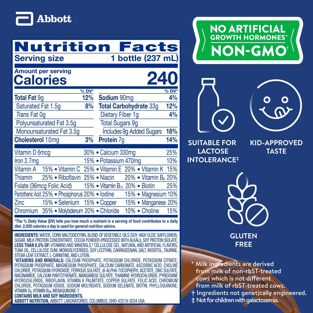 PediaSure Grow & Gain with Immune Support, 27 Vitamins & Minerals for Kids, 7g Protein, Non-GMO, Gluten-Free, Chocolate, 8-fl-oz Bottle, Pack of 24