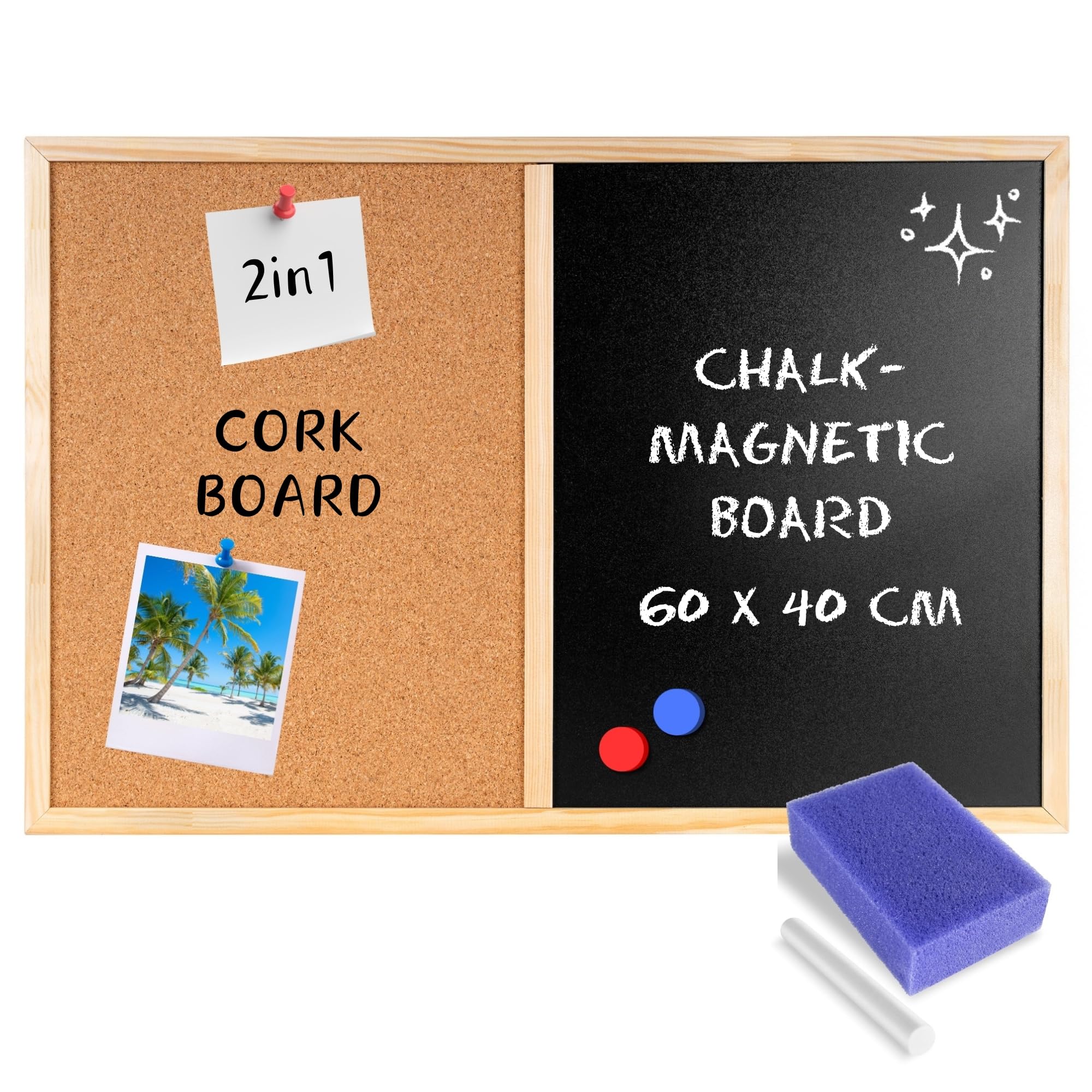 Creative Home 60x40cm 2in1 Chalkboard Magnetic Blackboard Cork Pin Notice Board (+/-3cm) | Wooden Pine Frame | Chalk Sponge Push Pins Magnets Included | Corkboard for Office Home Kitchen Bedroom Cafe