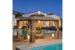 EROMMY 12' x 12' Gazebo, Wooden Finish Coated Aluminum Frame Canopy with Double Galvanized Steel Hardtop Roof, Outdoor Permanent Metal Pavilion with Curtains and Nettings for Patio, Backyard and Deck