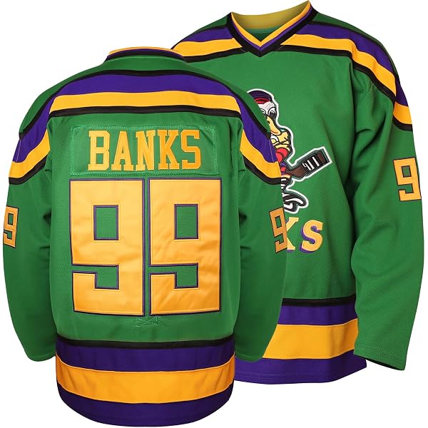Maillot Hockey Mighty Ducks - Conway #96, Banks #99, Goldberg #33, Bombay #66 - Jersey Blanc Et Vert