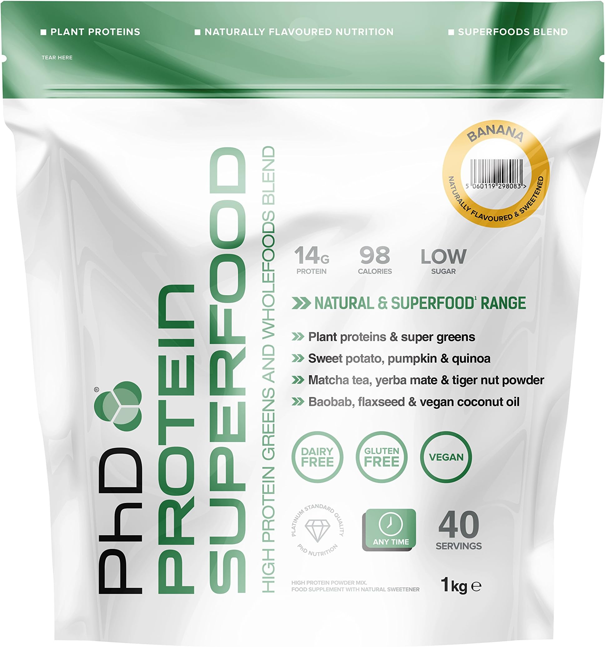 PhD Nutrition Protein Superfood Powder, Banana, 1kg by PhD