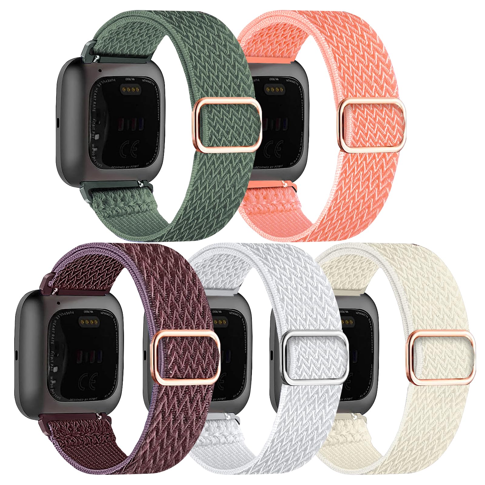 chinbersky 5 Pack Elastic Nylon Straps Compatible with Fitbit Versa 2/Fitbit Versa/Versa Lite/Versa SE Sport Replacement Bracelet Women and Men, Soft Stretchy Adjustable Stylish Replacement Wristband