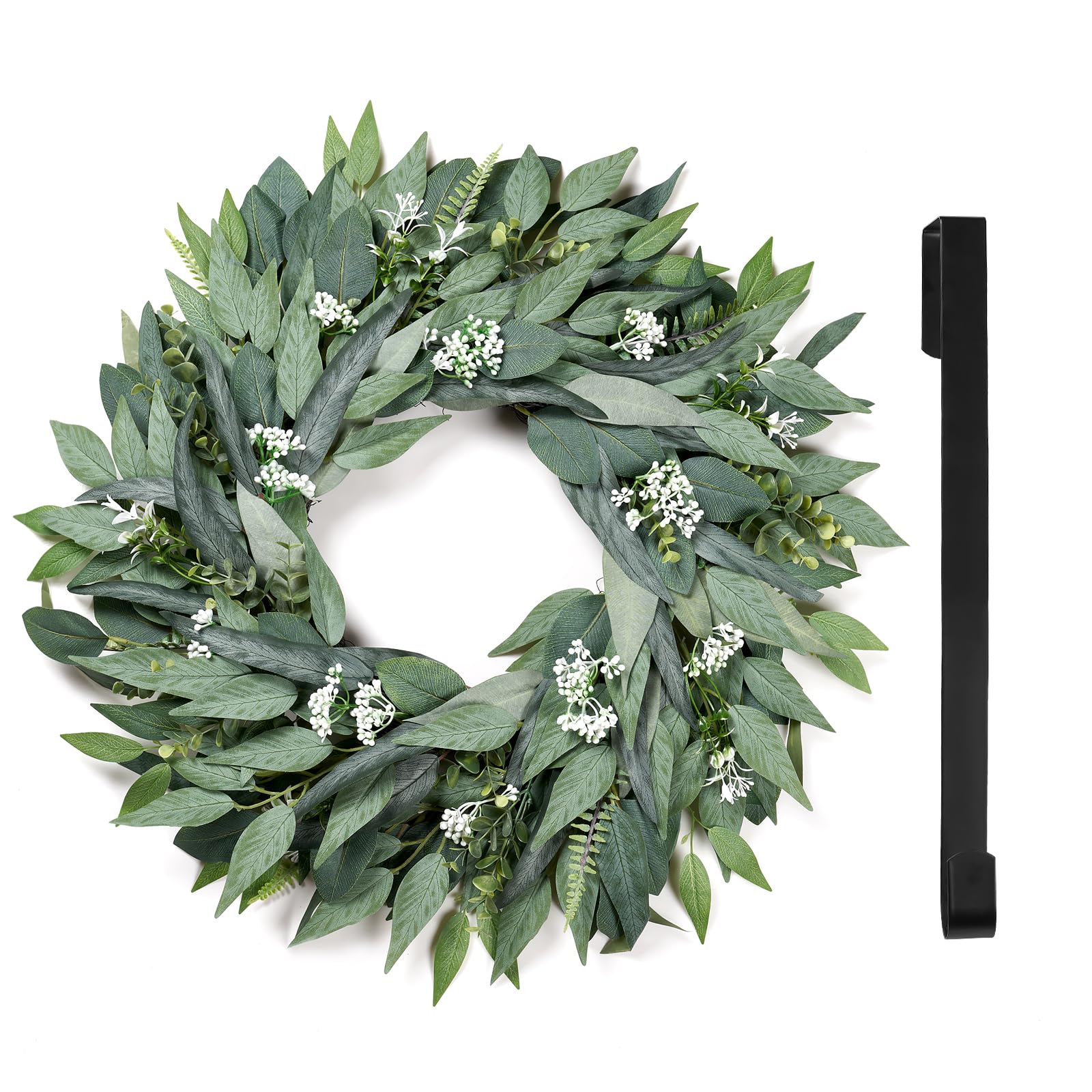 Photo 1 of 26" Eucalyptus Wreath for Front Door - Large Artificial Greenery Outdoor Wreath with A Hook & DIY Decor for Porch, Window, Farmhouse, Home, Holiday Decor- Spring, Summer, Fall, All Seasons (Green)