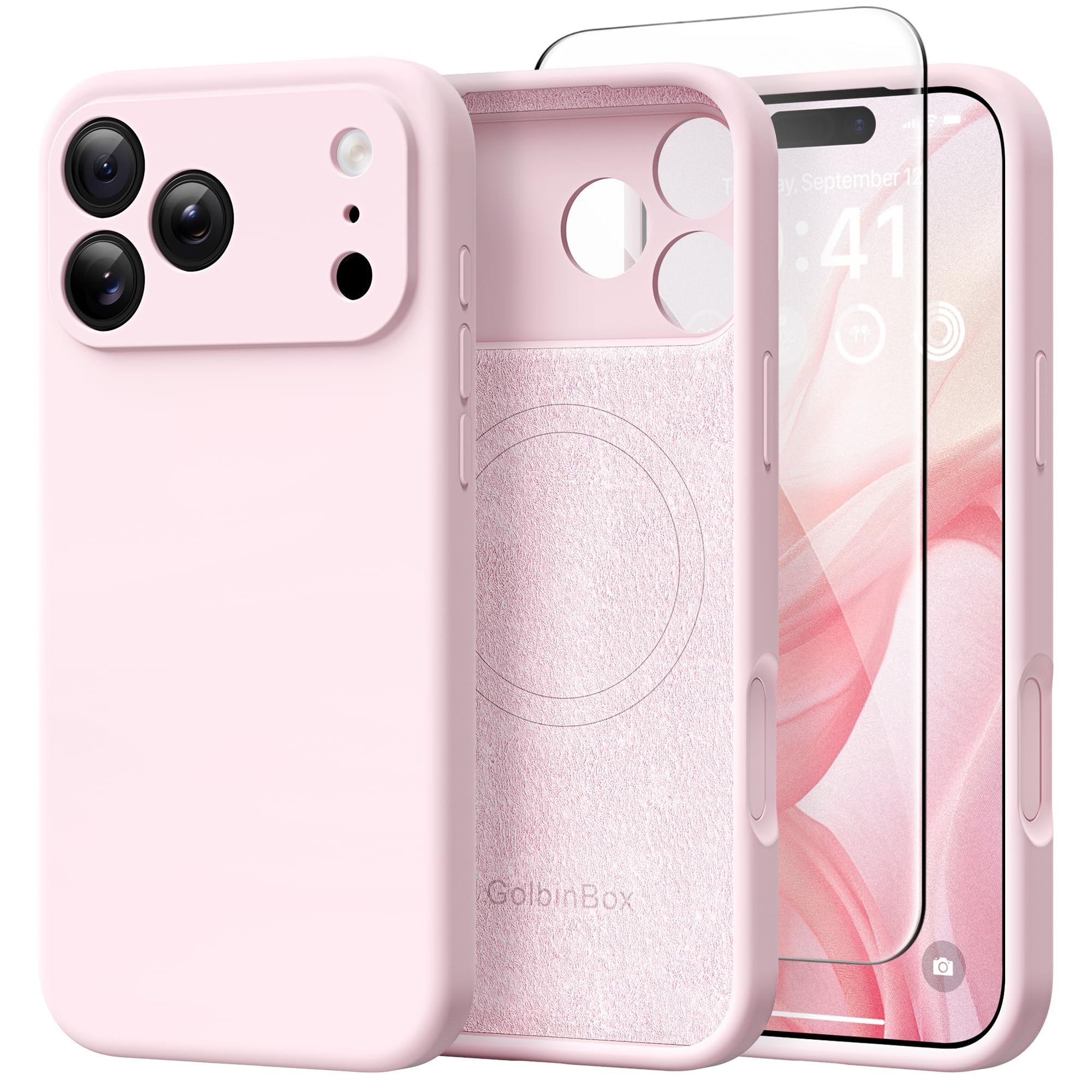 GolbinBox Magnetic for iPhone 17 Pro Case, Compatible with MagSafe, [Full Camera Protection] [Screen Protector], Silicone Shockproof Phone Cover with Anti-Scratch Microfiber Lining, Chalk Pink