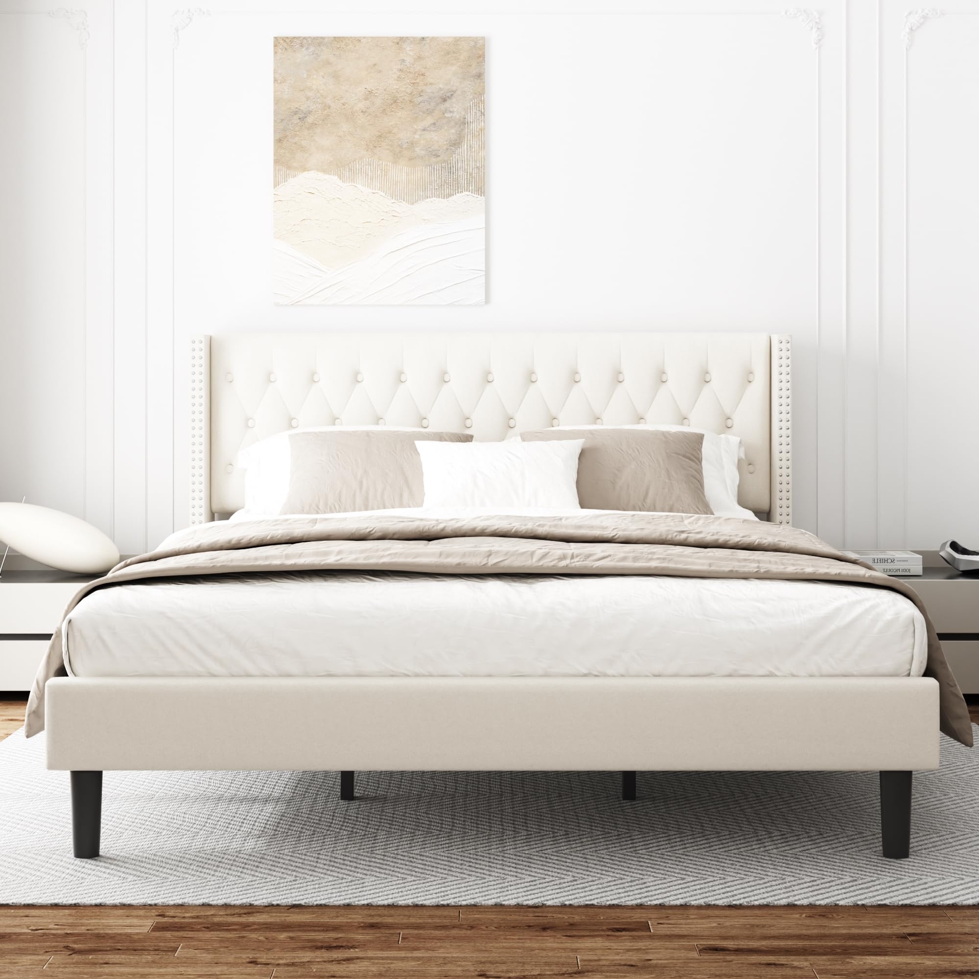 Photo 1 of ** USED** HAOARA King Size Bed Frame, Upholstered Platform Bed with Wingback Headboard, Velvet Button Tufted, Easy Assembly, No Box Spring Needed, Beige