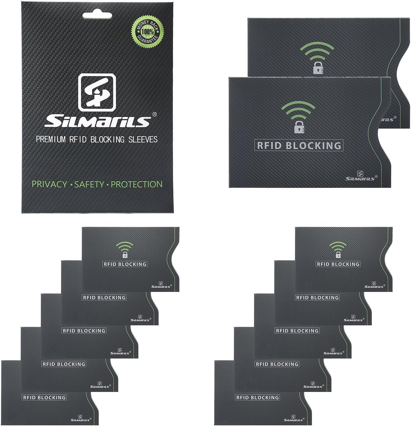 RFID Blocking Sleeves-Preventing Identity Theft & Fraud-Set of 12 Include 10 Credit Debit Card Protectors & 2 Secure Passport Holders-Smart Design Perfectly fits Wallet/Purse (Dark Gray)