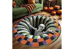 Halloween 3D Rug -Halloween Optical Illusion Rugs,Ghost Skeleton Pumpkin Patterns,Candy Corn Abyss Quilted Round Mat,Soft & D