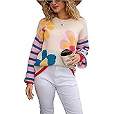 Sdipipo Womens Cute Floral Print Crewneck Sweater Fall Loose Long Sleeve Aesthetic Knit Tops Pullover Jumper Sweaters