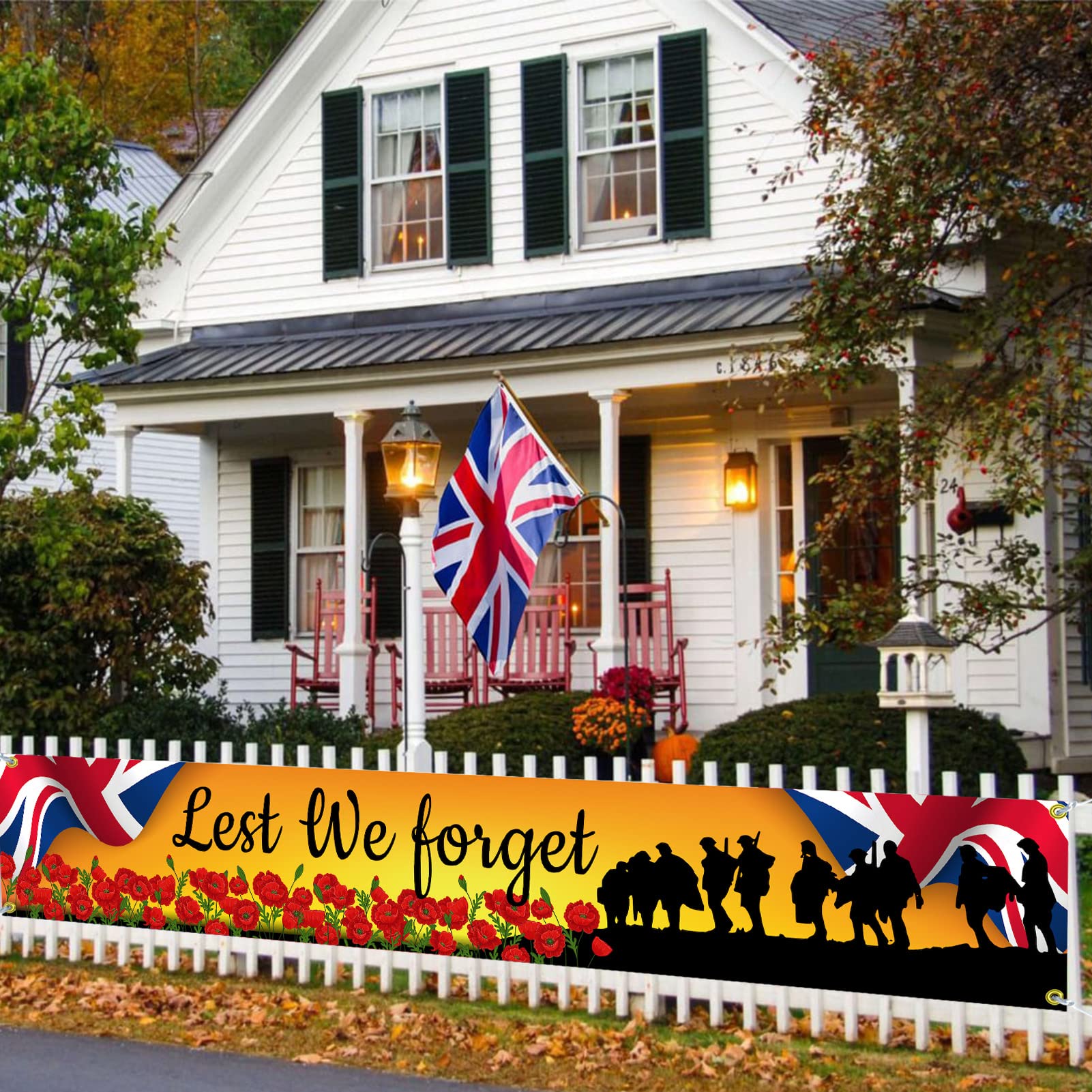 Remembrance Decoration 50x300CM, Veterans Day Lest We Forget Banner Outside Outdoor Hanging Decor with 4 Brass Grommets