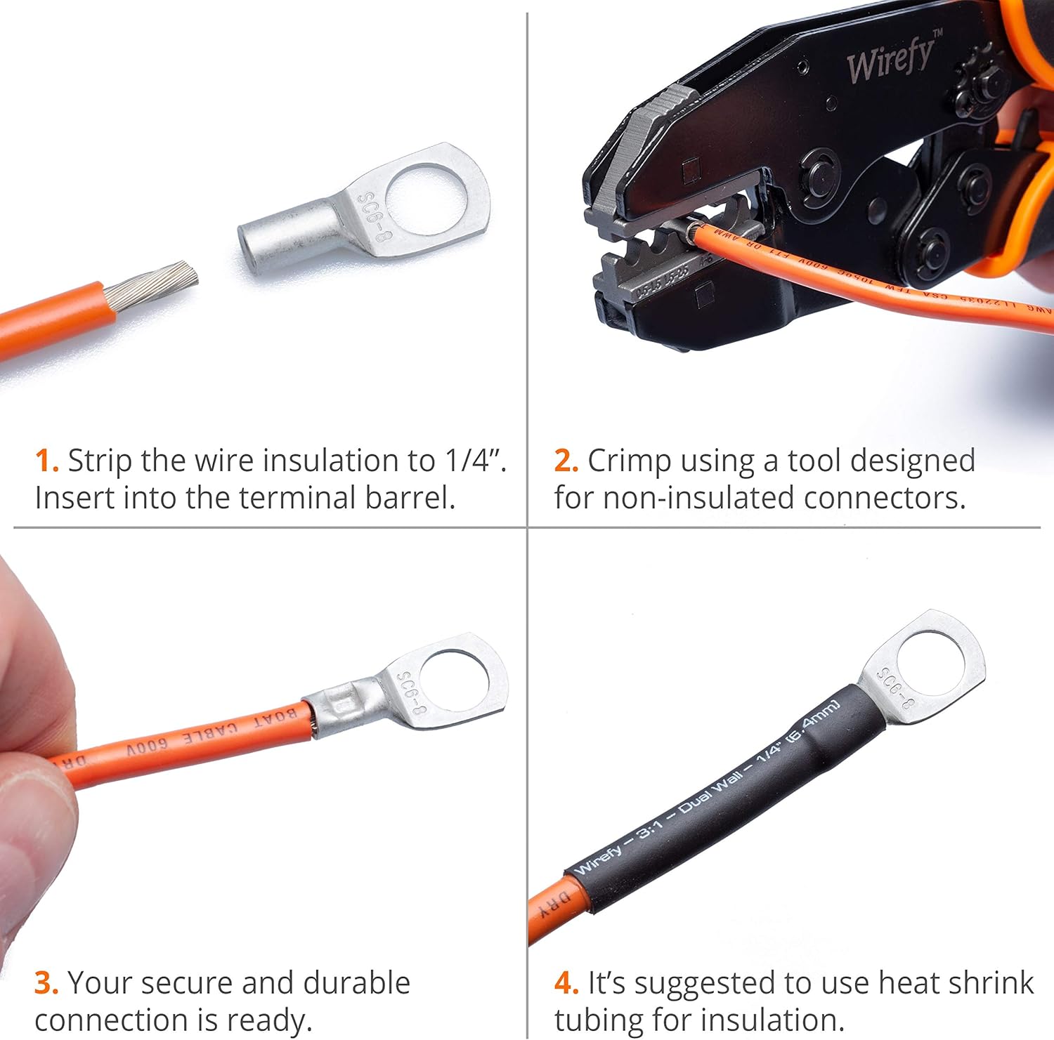 Wirefy 30 PCS Tinned Copper Wire Lugs - Battery Cable Ends - Crimp Wire Connectors - Ring Terminals - 6-2 AWG: Home Improvement