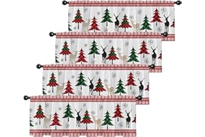 Nesphy 4 Pack Valances Window Treatments, Christmas Tree Plaid Reindeer Drapes Adjustable Curtain for Windows Living Room Kitchen Sink Above, 18x52 Inch Rod Pocket Valances