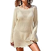 BreathSunny Womens Crochet Knit Swimsuit Coverup Mini Dress Summer 2026 Boat Neck Wavy Trim Beach Bathing Suit Cover Up