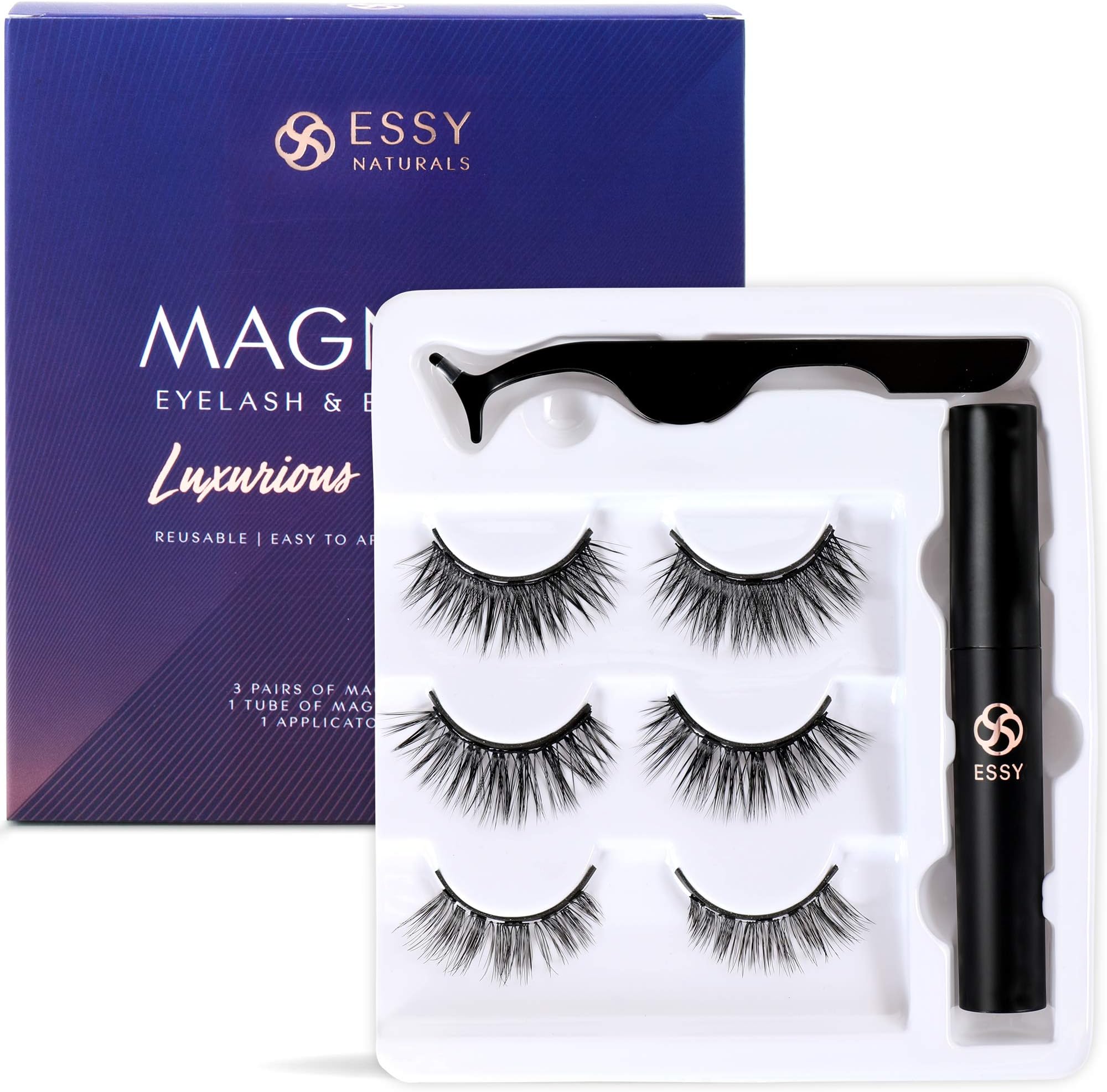 [3 Pairs] Reusable Magnetic Eyelash & Eyeliner Set with Applicator,No Glue Needed, Easy to Use, Lightweight, Smudge-Proof, Waterproof, Mess-Free Application
