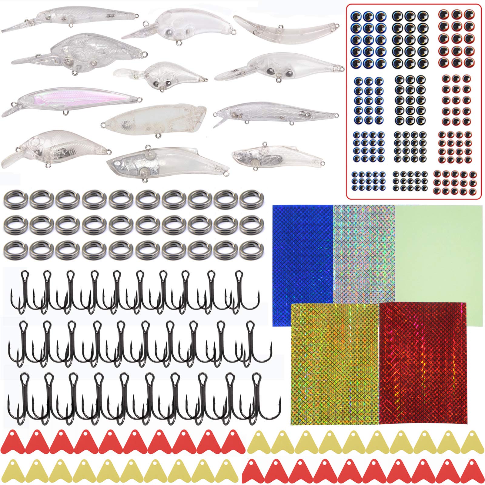 Unpainted Fishing Lure Making Kit DIY Blank Lures Crankbaits Minnow Jerkbait Hard Bait Set with Treble Hooks, Split Rings, 3D Eyes, Laser Stickers Lure Making Supplies(300pcs Lures Kit)