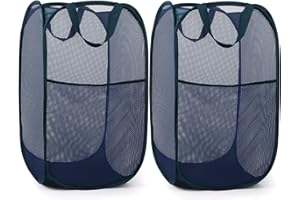 BEMKOO 2 Pack Durable Collapsible Laundry Baskets - Reinforced Mesh Pop Up Laundry Hamper with Pocket, Foldable Dirty Clothes Hamper with Carry Handles for Laundry, Bathroom, Kids Room, Dorm or Travel Navy