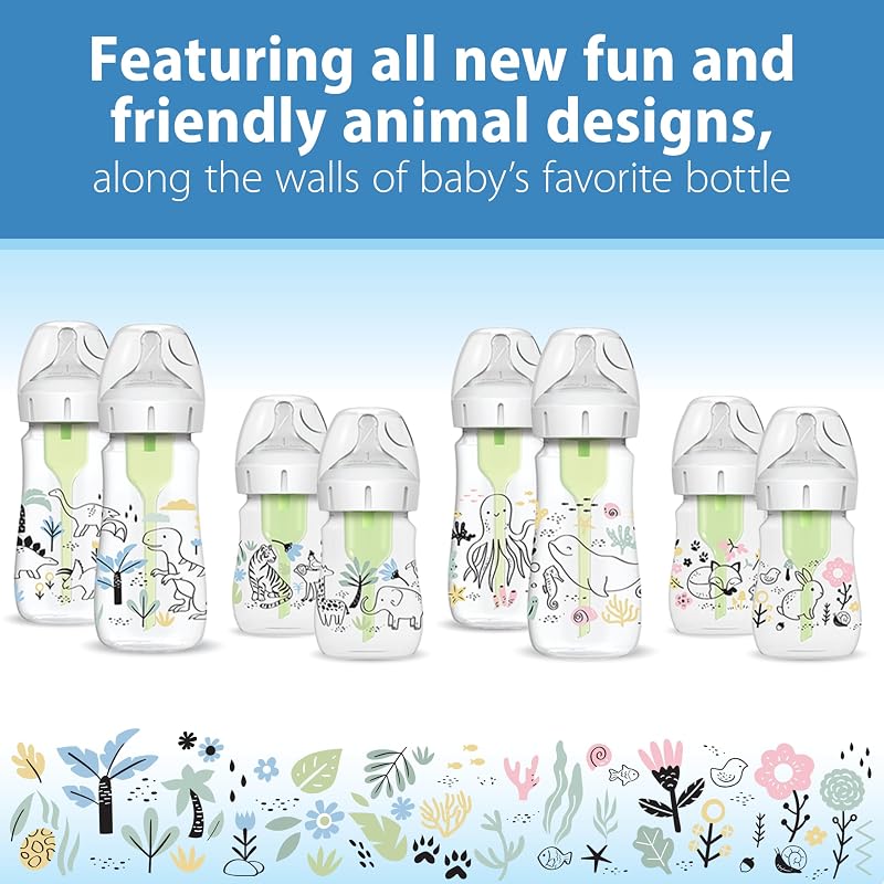 Natural Flow® Anti-Colic Options+™ Weithals-Babyflasche, Designer-Edition-Flaschen, Dino Decos, 270 ml, Level 1 Nippel, 2er-Pack, ab 0 Monaten