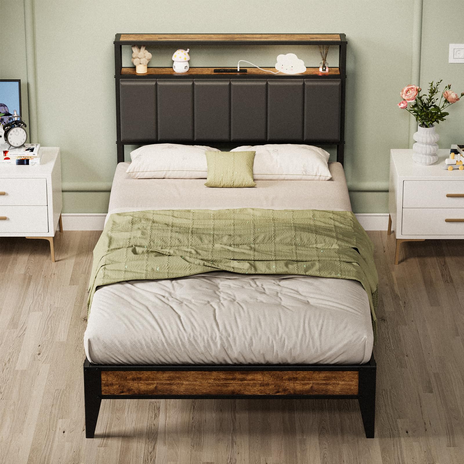 OLEVS Twin Metal Platform Bed with 2-Tier Storage Headboard and Type-C Charging Port, No Box Spring Needed