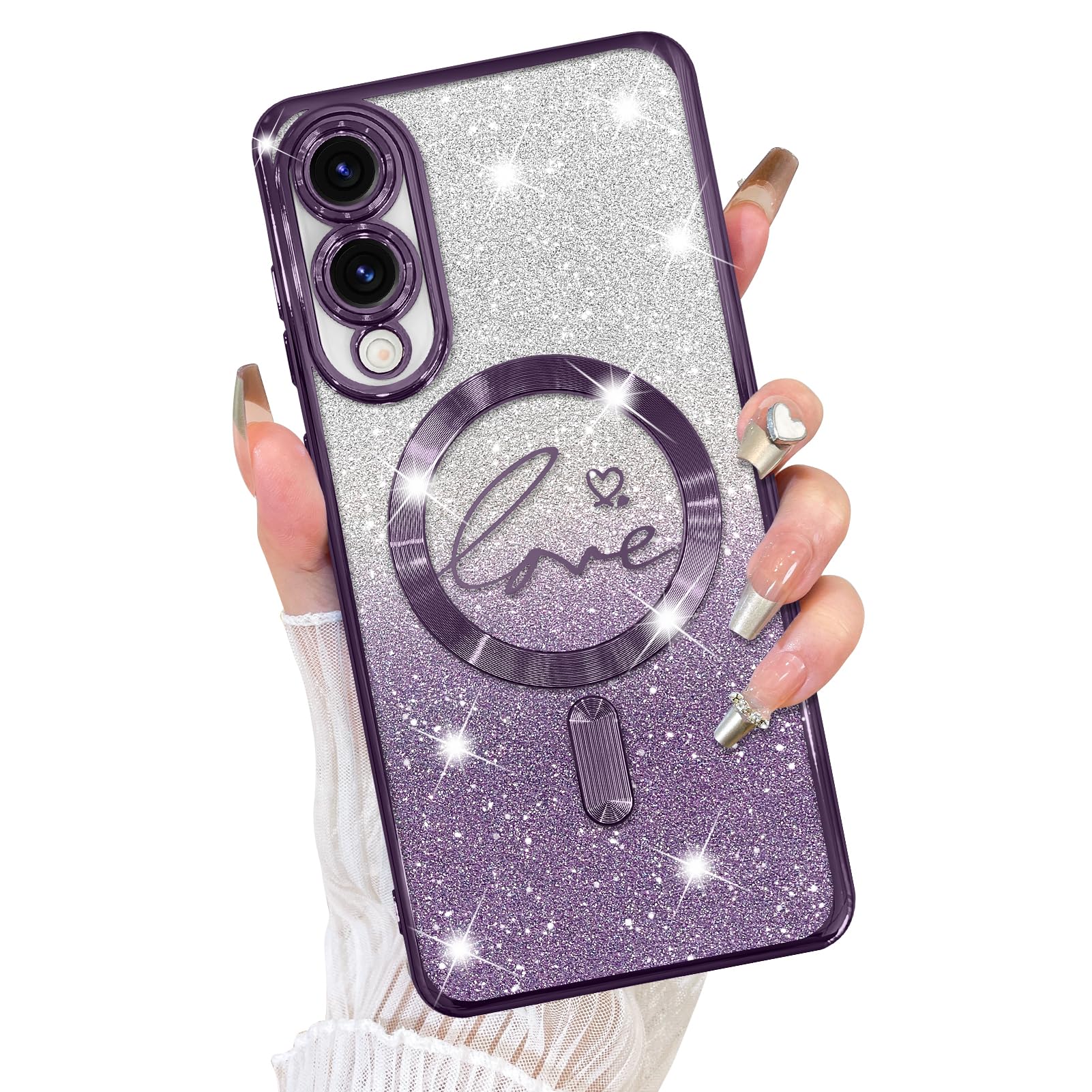 Fiyart Designed for Samsung Galaxy S25 Edge Case,Compatible with MagSafe Love Heart Plating Camera Protection Clear Magnetic Glitter for Women Girls Shockproof Phone Cover 6.7"-Purple