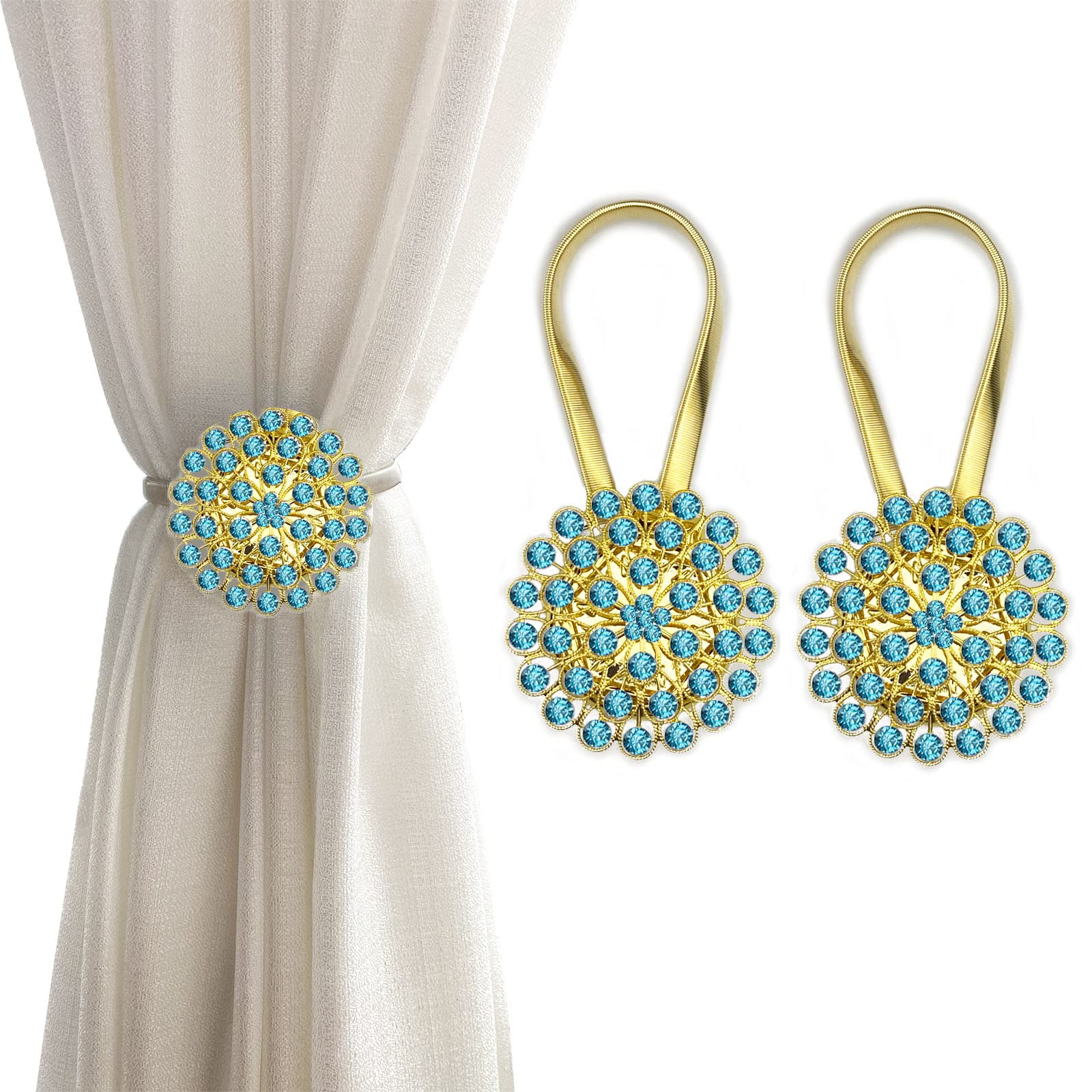 Magnetic Tiebacks for Curtains, 2 Pack Sparkling Crystal Flower Curtain Tiebacks Curtain Buckle Clips with High-Elastic Spring Wire for Home Office Decoration (Yellow & Peacock Blue)