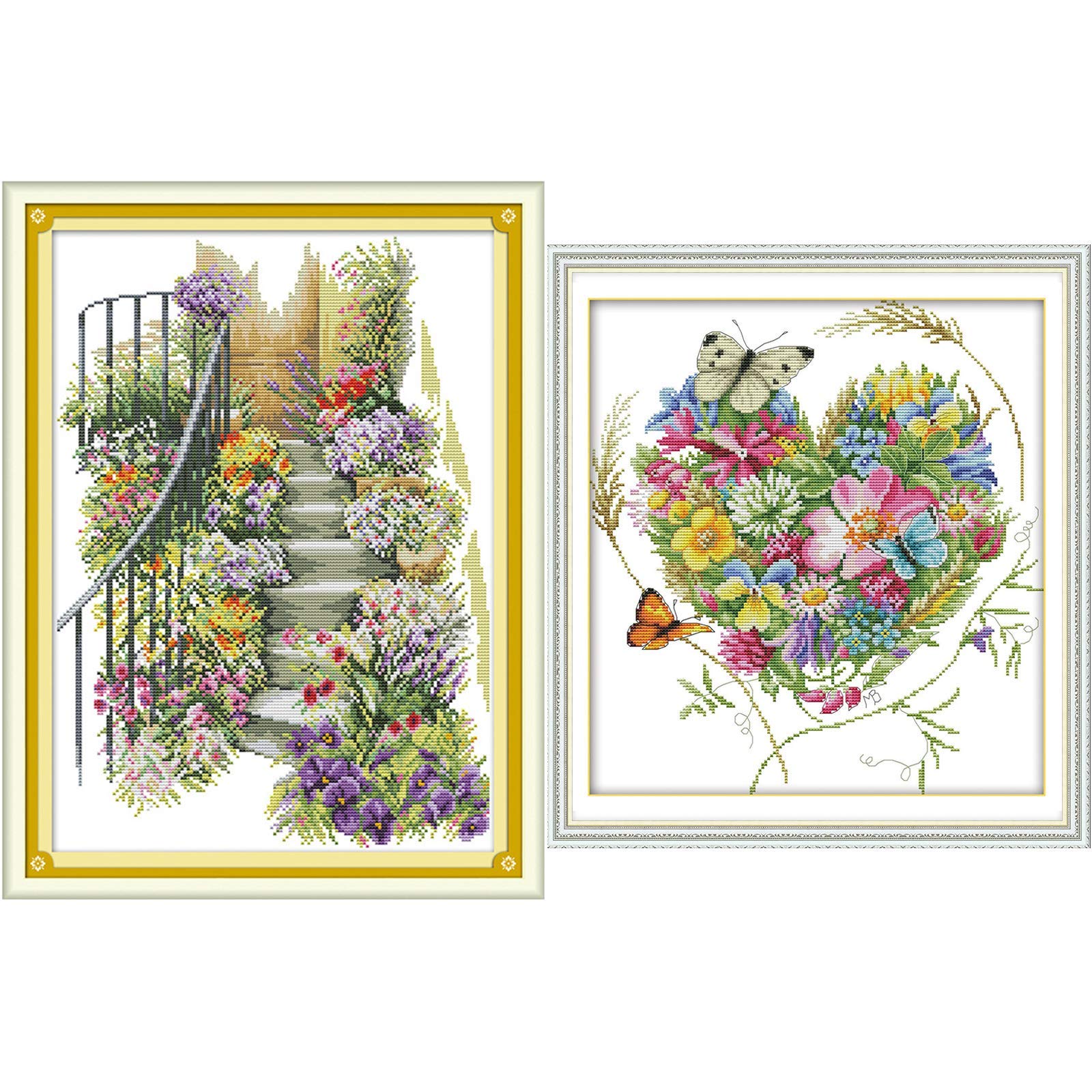 VEGCOO 2 Packs Embroidery Cross Stitch Kits for Adults Beginners, Flowers Heart & Garden Stairs Pre Printed Embroidery Cross Stitch Kit 11CT Needlework Kit DIY Artwork for Adults Home Decor or Gifts