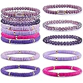 Ornaland 7Pcs Handmade Polymer Clay Heishi Surfer Stretch Bracelets Set Colorful Glass Beads Bracelets Boho Stackable Preppy Bracelets Wrist Jewelry for Women