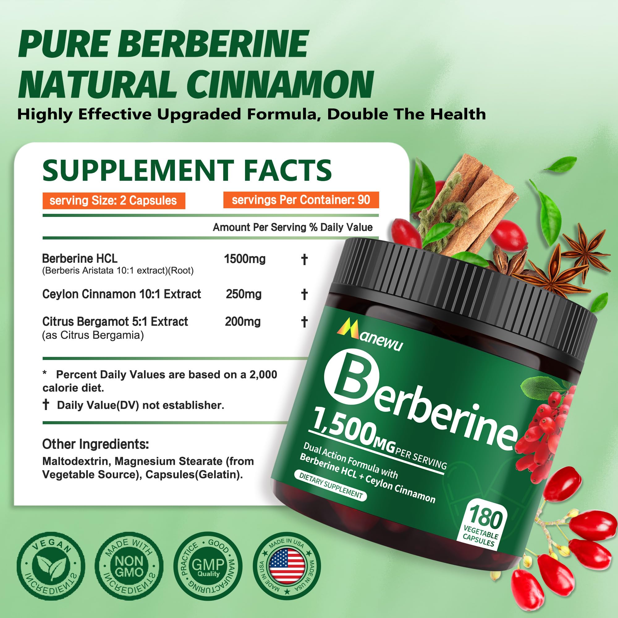 Organic Berberine Supplement - 180 Count Berberine with Ceylon Cinnamon & Citrus Bergamot for We*GHT Health, Gut Health & Immune Support, Berberine 1500mg Complex, 3-Month Supply