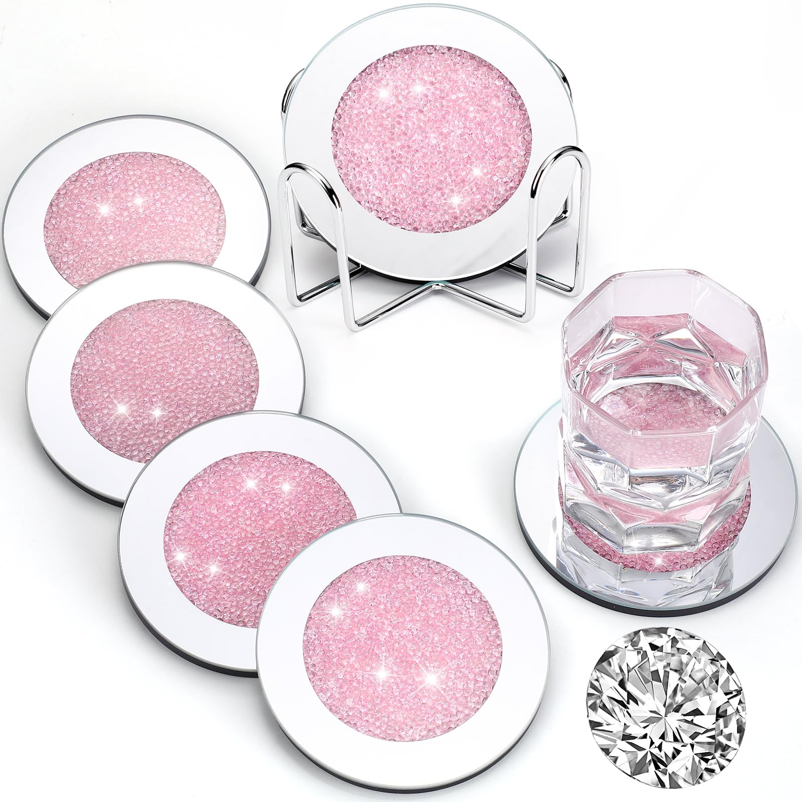 Jetec Mirrored Glass Coaster Set of 6 with 1 Holder 4" Crushed Diamond Round Cup Mat Glitter Crystal Rhinestone Glass Coaster Bling Table Decor for Bar Kitchen Gift for Christmas(Pink,4 Inch)