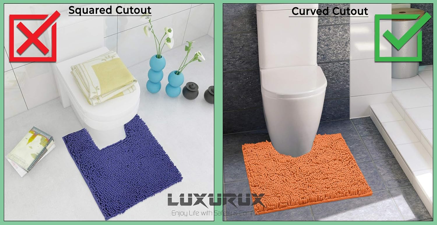 LuxUrux Bathroom Rugs Luxury Chenille 2-Piece Bath Mat Set, Soft Plush Anti-Slip Bath Rug +Toilet Mat.1'' Microfiber Shaggy Carpet, Super Absorbent (Curved Set, Dark Gray): Home & Kitchen