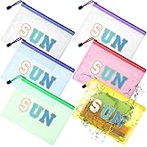 Kacctyen 12 Pcs Sunscreen Bag Clear Makeup Bag Beach Vacation Essentials Summer Pool Waterproof Toiletry Pouch Portable Preppy Letter Mesh Zipper Organizer for Women Family Travel Gifts(Blue,Sun)