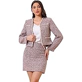 Allegra K 2 Piece Tweed Plaid Skirt Set for Women's Business Collarless Blazer and Mini Skirt Suit Sets