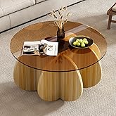 31.5'' Round Coffee Table with Tempered Glass Top, Modern Center Table for Small Spaces - Sturdy Walnut Board Frame, Simple Design for Living Room, Home, Office - Easy Assembly. (Walnut + Brown)