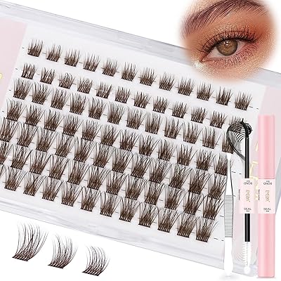 Braune Cluster-Wimpern kit, 8mm 10mm 12mm mix Individuelle Wimpern Wispy & Natürliche Dunkelbraun Clusterwimpern DIY-Wimpernbüschel mit Bond & Seal und Pinzette, C -Locke Wimpernbüschel (DB01)