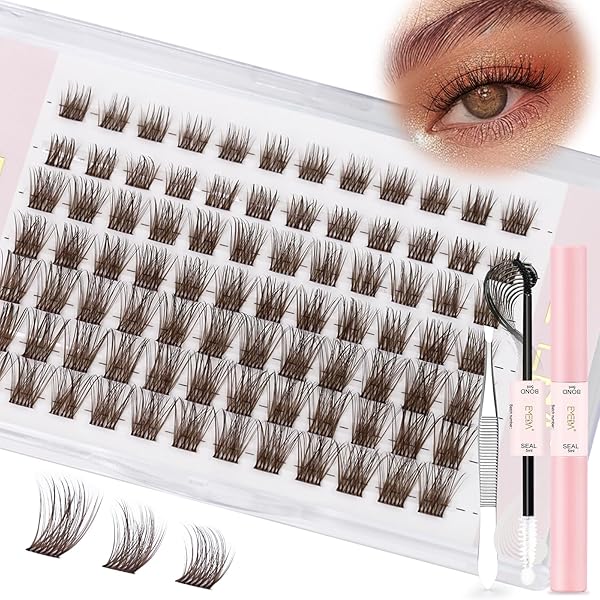 Braune Cluster-Wimpern kit, 8mm 10mm 12mm mix Individuelle Wimpern Wispy & Natürliche Dunkelbraun Clusterwimpern DIY-Wimpernbüschel mit Bond & Seal und Pinzette, C -Locke Wimpernbüschel (DB01)