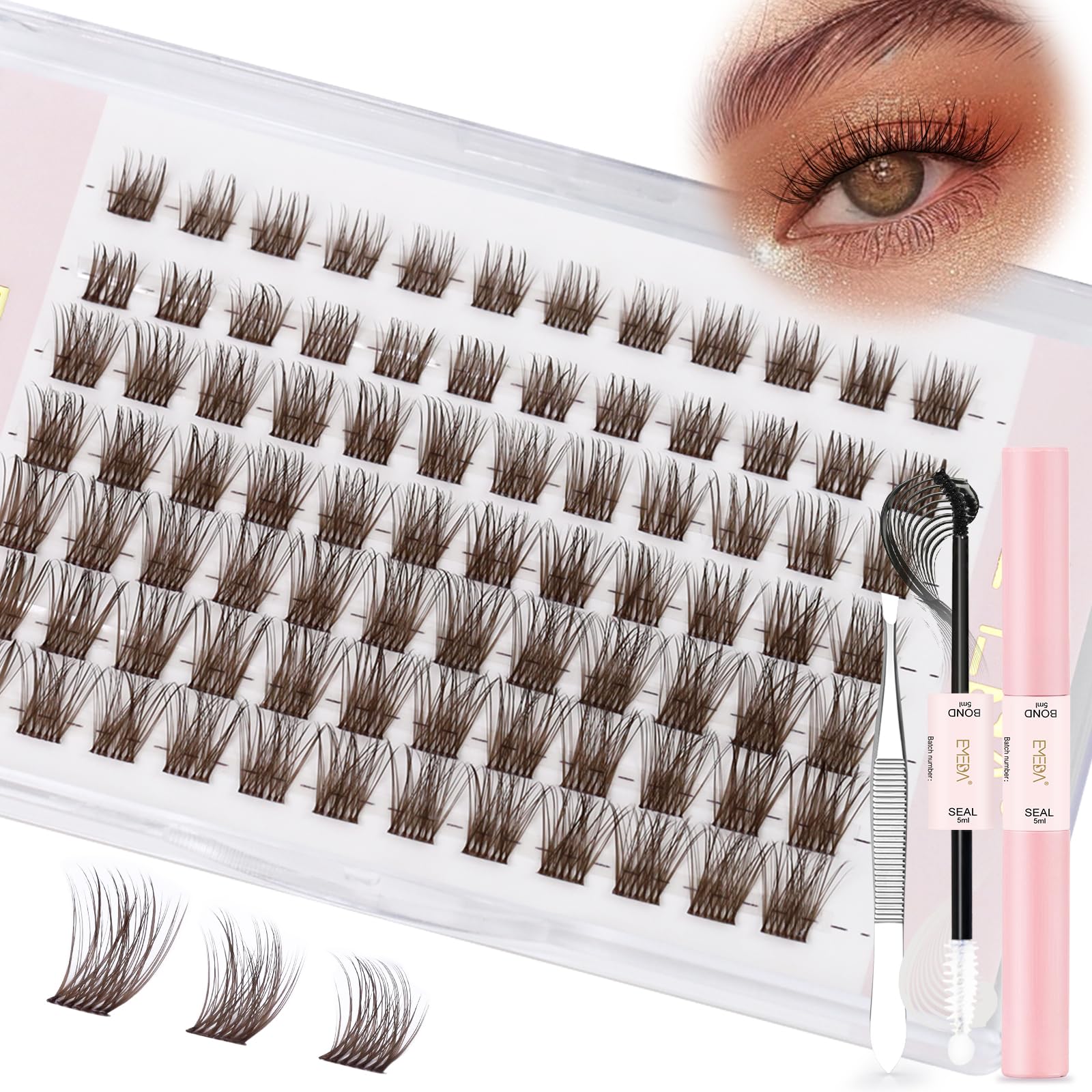 Brown Individual Cluster Lashes D Curl Mix 8mm 10mm 12mm Brown DIY Eyelash Extensions Kit Clear Band Natural Look Dark Brown Lash Clusters set Colored Cluster lashes (DB01 lash kit) — image 1