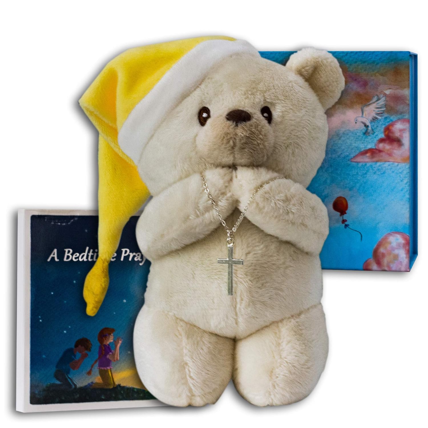 Baby Baptism - Newborn Christening Gift Set for Boy or Girl by Holy Blessing with Christian Bedtime Prayer Book, Praying Bear, Keepsake Box and Cross Necklace