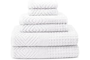 TEXERESILK Texere 100% Organic Cotton Diamond Jacquard 700 GSM Luxury Bath Towel Sets, Soft and Absorbent Hotel Quality, Bath Towels, Hand Towels, Washcloths (Diamond, Bright White, 6 Piece)