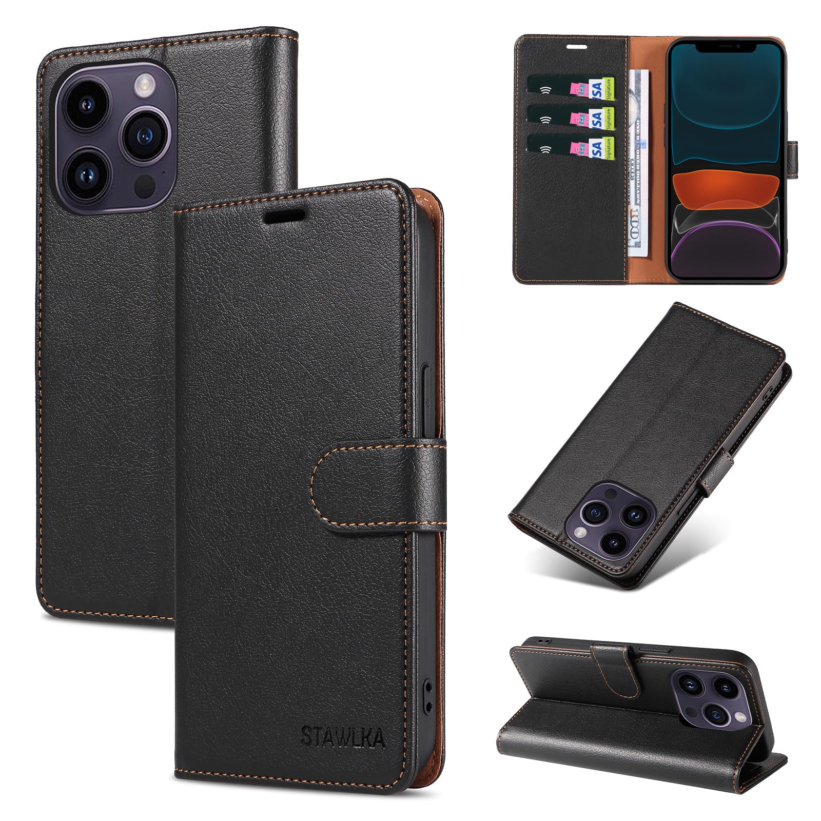 STAWLKA Case for iPhone 13 Pro, Premium PU Leather Flip Magnetic Buckle Wallet Case Kickstand Blocking RFID Shockproof Protective Phone Cover for iPhone 13 Pro - Black