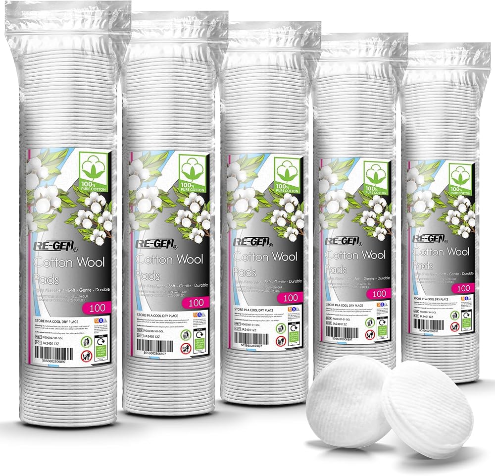 RE-GEN Cotton Wool Pads 500pc 5x100 Round Super Soft Makeup Cleansing Discs