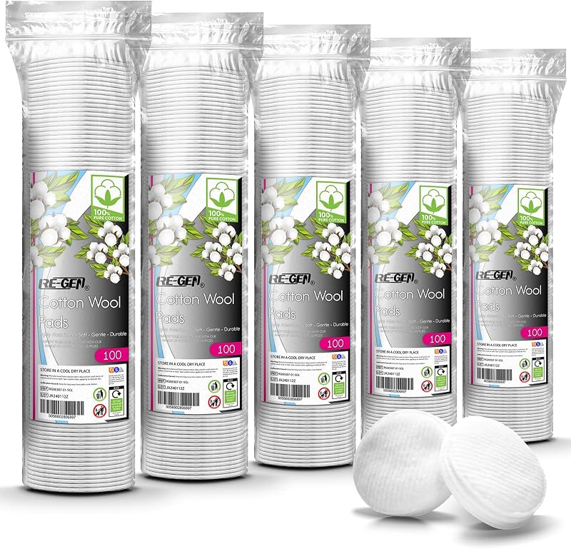 RE-GEN Cotton Wool Pads 500pc 5x100 Round Super Soft Makeup Cleansing Discs