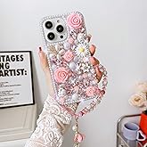 Threesee for iPhone 16 Pro Max Bling Case,Luxury Crystal Rhinestone Flowers Glitter Diamond Pearl Women Girls Kids Case Cover with Lanyard for iPhone 16 Pro Max 6.9 inch