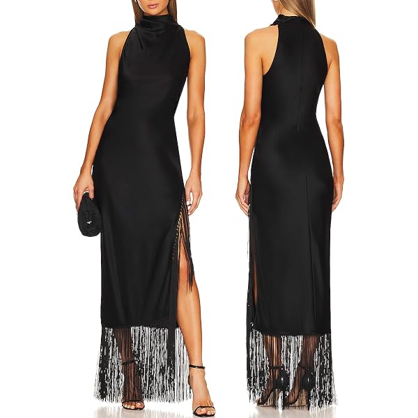 BEAUDRM Women's Boho Fringe Cami Dress Tassel V Neck Sleeveless Western  Cowgirl Maxi Dresses Party Club Outfits Black Small at Amazon Women's  Clothing store