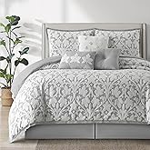 LANCO MODERN LIFESTYLE 7 Pieces Comforter Set, Queen, White Grey, Jacquard Floral Pattern and Classy Damask Medallion Design, Ultra Soft, Includes Bed Skirt, Shams, and Decorative Pillows