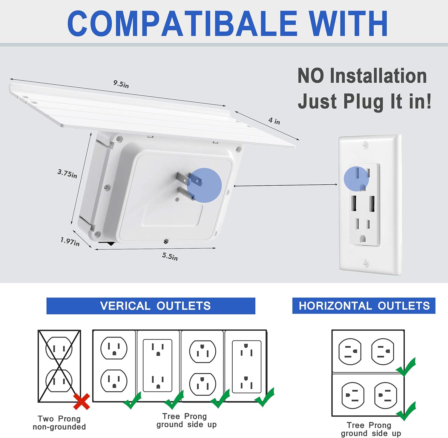 Outlet Shelf -ON2NO Wall Outlet Extender with All Around Built-in Shelf, Multi Plug Outlet Surge Protector with Smart Night Light, 3 USB Charging Ports, 3AC Power Outlet Splitter - - 
